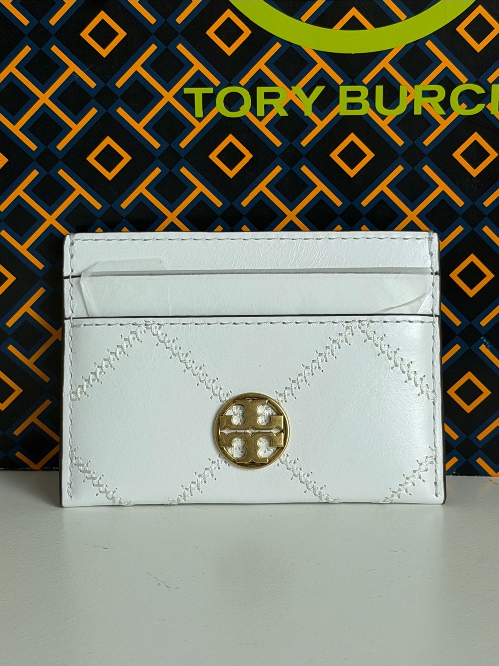 Tory Burch Blanc Quilted Logo Card Case